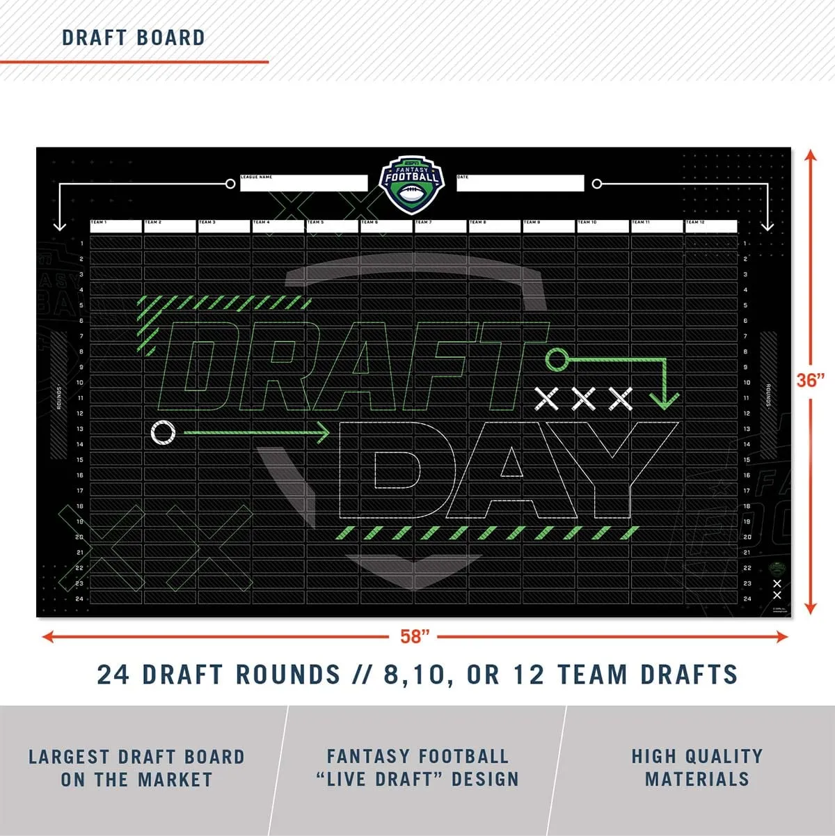 2024 ESPN Fantasy Football Draft Board Kit - 12, 10, 8 team