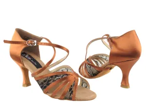 2.5" Rosanna -- Women's Flare Heel Latin Sandal -- Dark Tan Satin/Black Lace