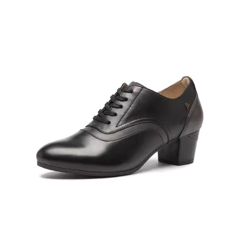 50mm Block Heel Oxfords For Women Full Grain Leather Lace Up Almond Toe in Black/Brown