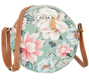 ADISA Women Girls Flower Print Sling Bag Round Crossbody Purse (SL6007-GRN_Green)