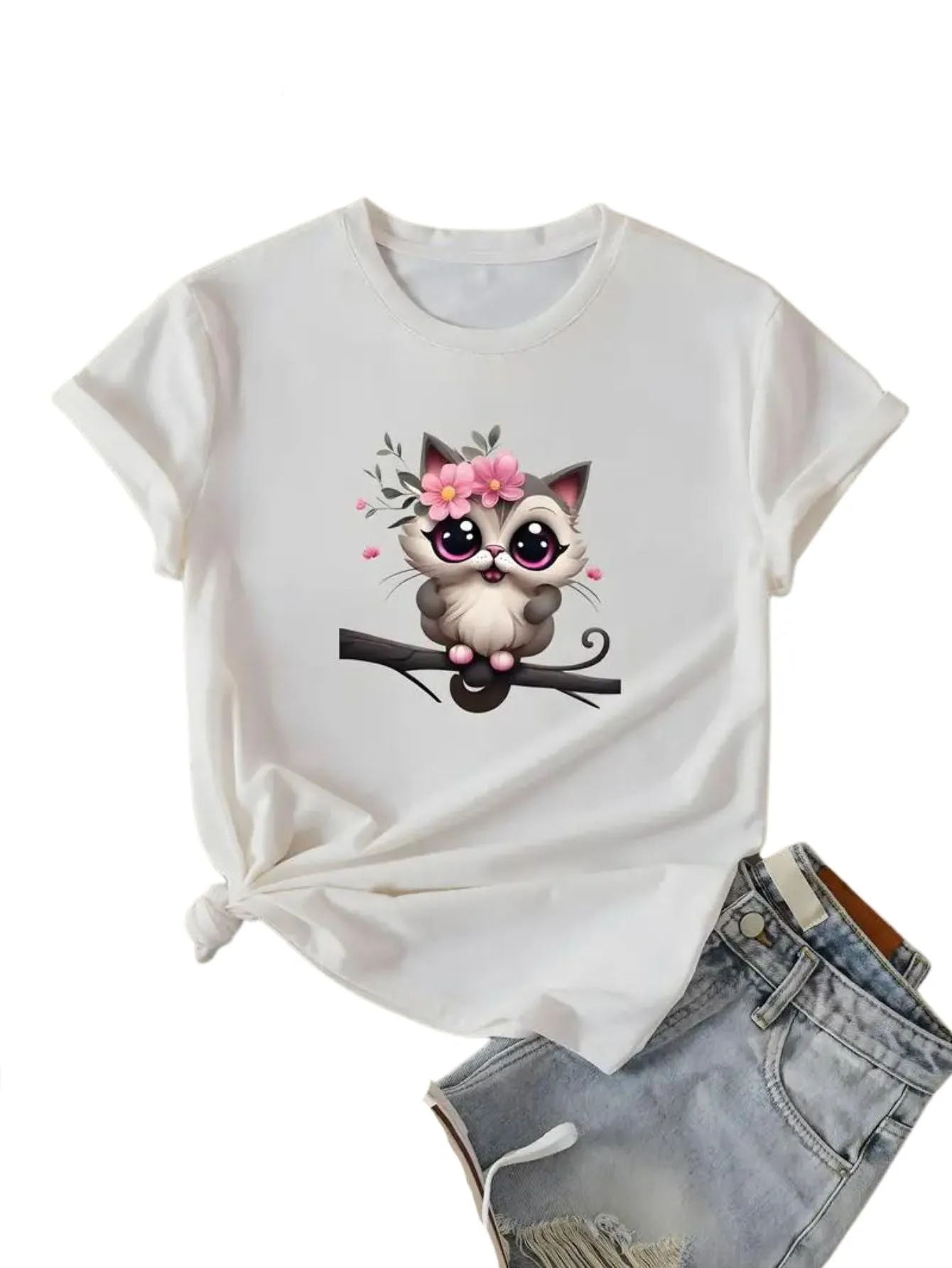 Adorable Cartoon Animal Print Tee for Women, Casual Crew Neck Short Sleeve Top