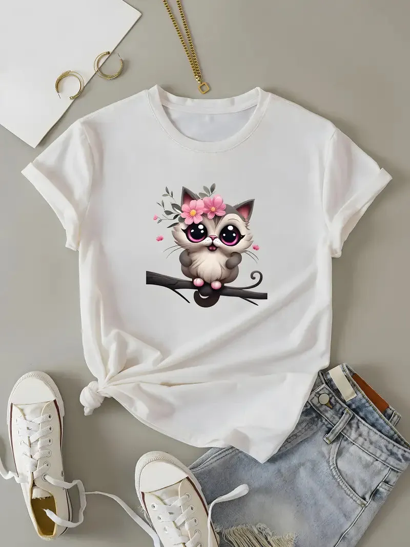 Adorable Cartoon Animal Print Tee for Women, Casual Crew Neck Short Sleeve Top