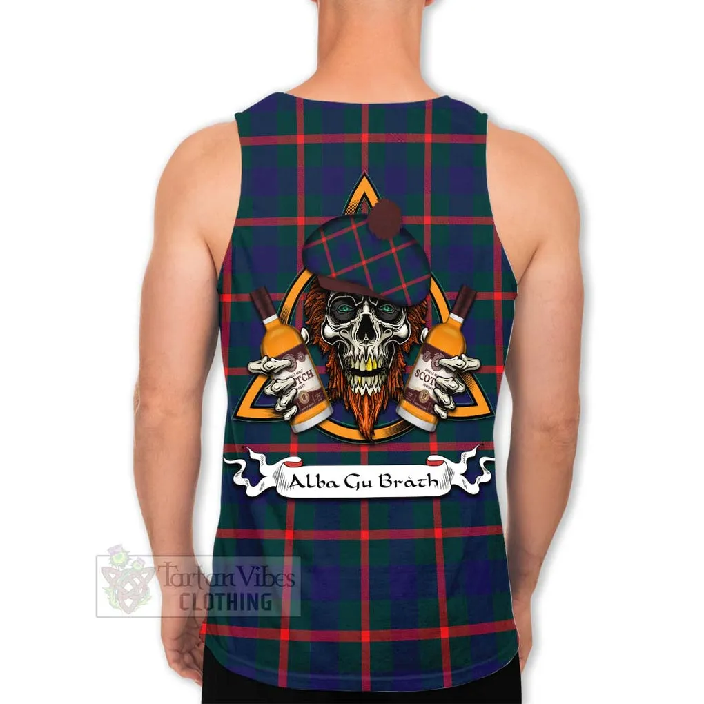 Agnew Tartan Men's Tank Top with Family Crest and Bearded Skull Holding Bottles of Whiskey