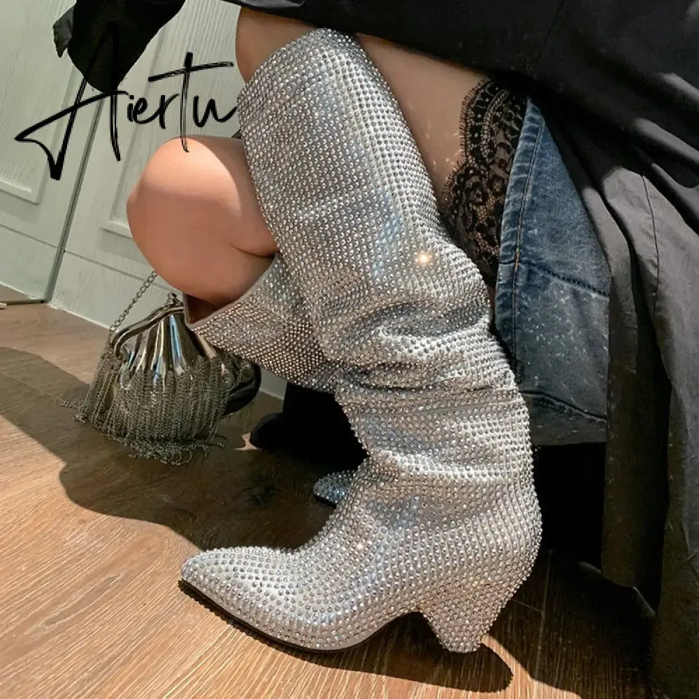 Aiertu New Crystal Shoes Woman Pointed Toe Over Knee High Boots Sexy Rhinestone Chunky Spike Heel Boots Ladies Shoes Botas Mujer