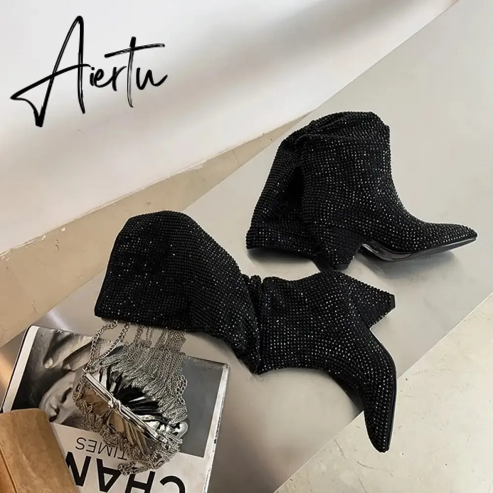 Aiertu New Crystal Shoes Woman Pointed Toe Over Knee High Boots Sexy Rhinestone Chunky Spike Heel Boots Ladies Shoes Botas Mujer