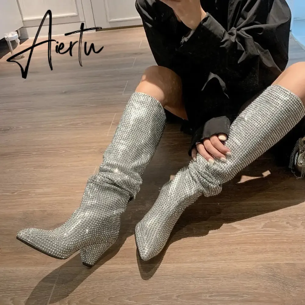 Aiertu New Crystal Shoes Woman Pointed Toe Over Knee High Boots Sexy Rhinestone Chunky Spike Heel Boots Ladies Shoes Botas Mujer