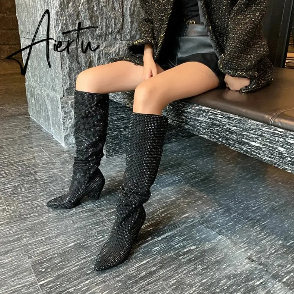 Aiertu New Crystal Shoes Woman Pointed Toe Over Knee High Boots Sexy Rhinestone Chunky Spike Heel Boots Ladies Shoes Botas Mujer