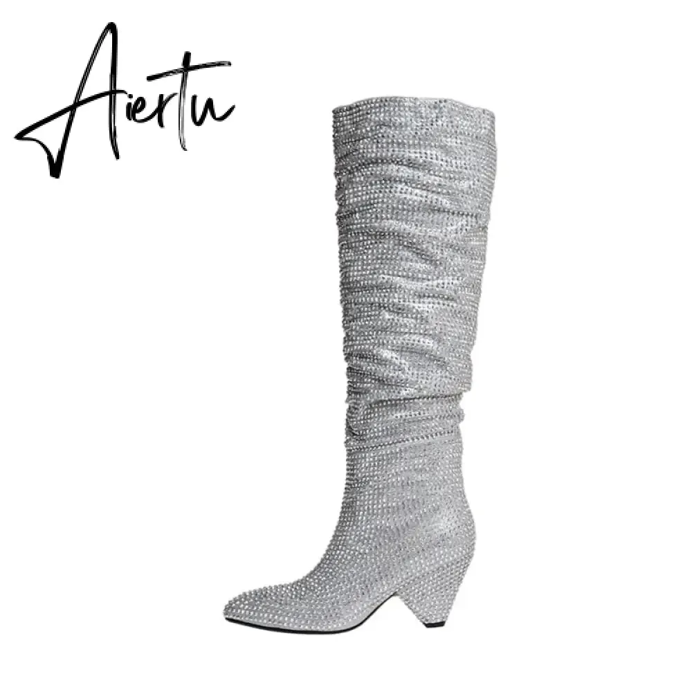 Aiertu New Crystal Shoes Woman Pointed Toe Over Knee High Boots Sexy Rhinestone Chunky Spike Heel Boots Ladies Shoes Botas Mujer