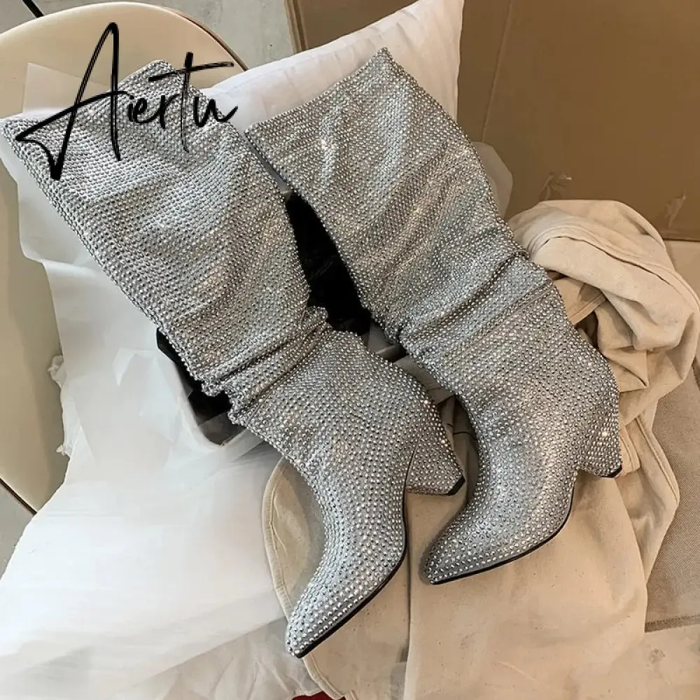 Aiertu New Crystal Shoes Woman Pointed Toe Over Knee High Boots Sexy Rhinestone Chunky Spike Heel Boots Ladies Shoes Botas Mujer