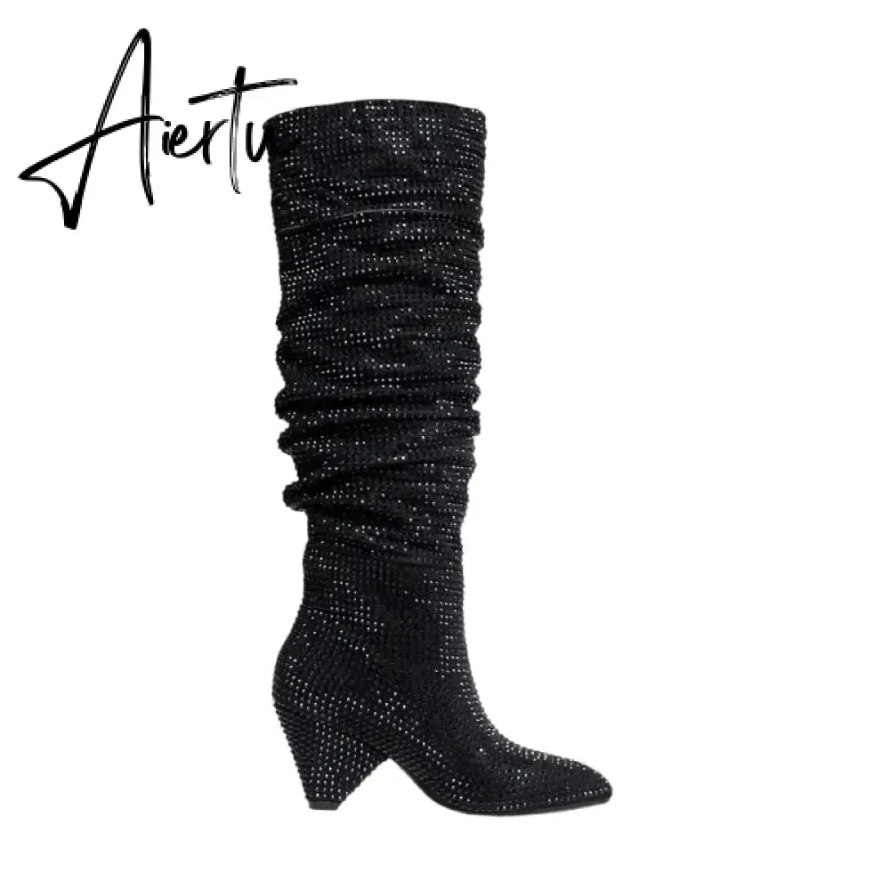 Aiertu New Crystal Shoes Woman Pointed Toe Over Knee High Boots Sexy Rhinestone Chunky Spike Heel Boots Ladies Shoes Botas Mujer