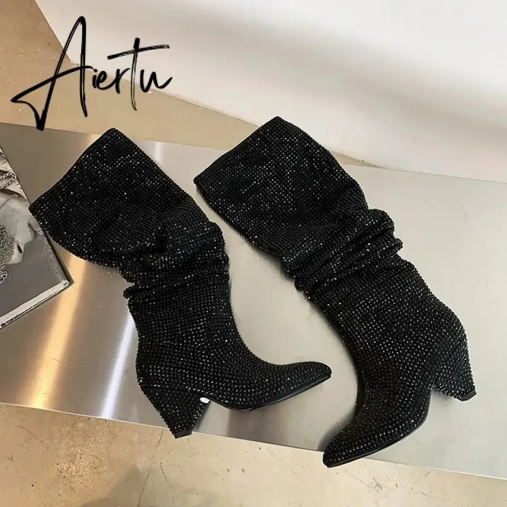 Aiertu New Crystal Shoes Woman Pointed Toe Over Knee High Boots Sexy Rhinestone Chunky Spike Heel Boots Ladies Shoes Botas Mujer