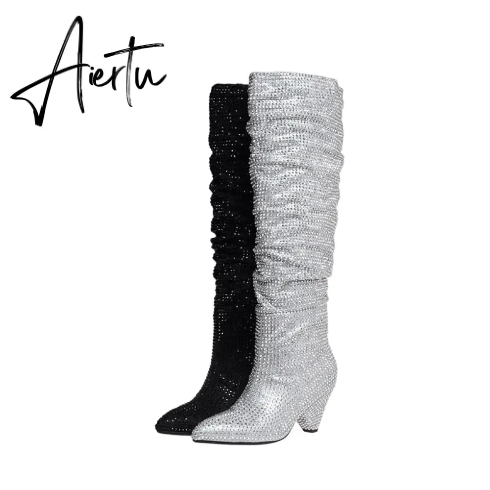 Aiertu New Crystal Shoes Woman Pointed Toe Over Knee High Boots Sexy Rhinestone Chunky Spike Heel Boots Ladies Shoes Botas Mujer