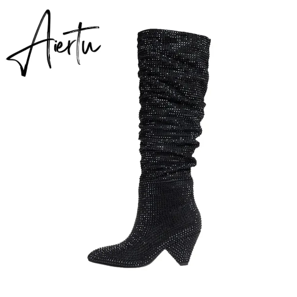 Aiertu New Crystal Shoes Woman Pointed Toe Over Knee High Boots Sexy Rhinestone Chunky Spike Heel Boots Ladies Shoes Botas Mujer