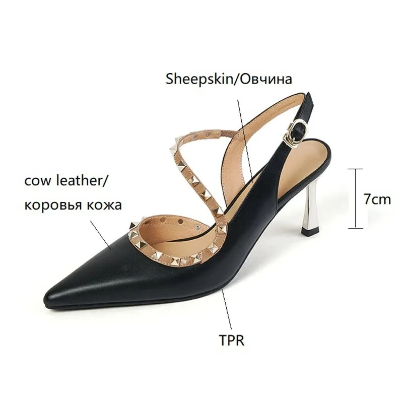 Aiertu NEW Summer/Spring Women Shoes Pointed Toe Thin Heel Sandals Rivet High Heels Concise Genuine Leather Shoes Dress Shoes for Women