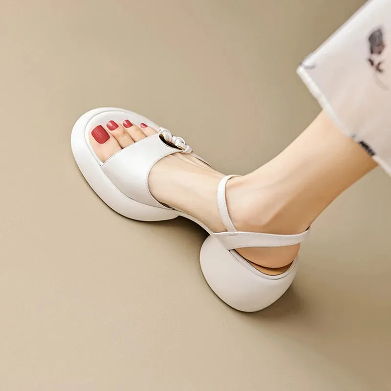 Aiertu Summer Woman Sandals Split Leather Shoes for Women Round Toe High Heel Shoes Open Toe Chunky Heel Sandals Casual Platform Shoes