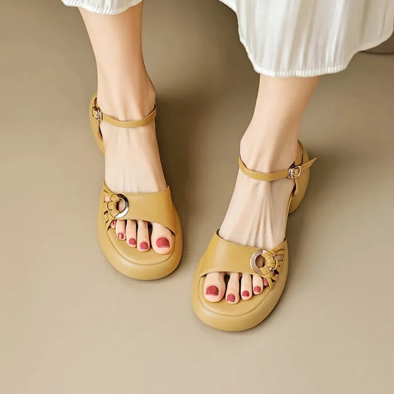 Aiertu Summer Woman Sandals Split Leather Shoes for Women Round Toe High Heel Shoes Open Toe Chunky Heel Sandals Casual Platform Shoes