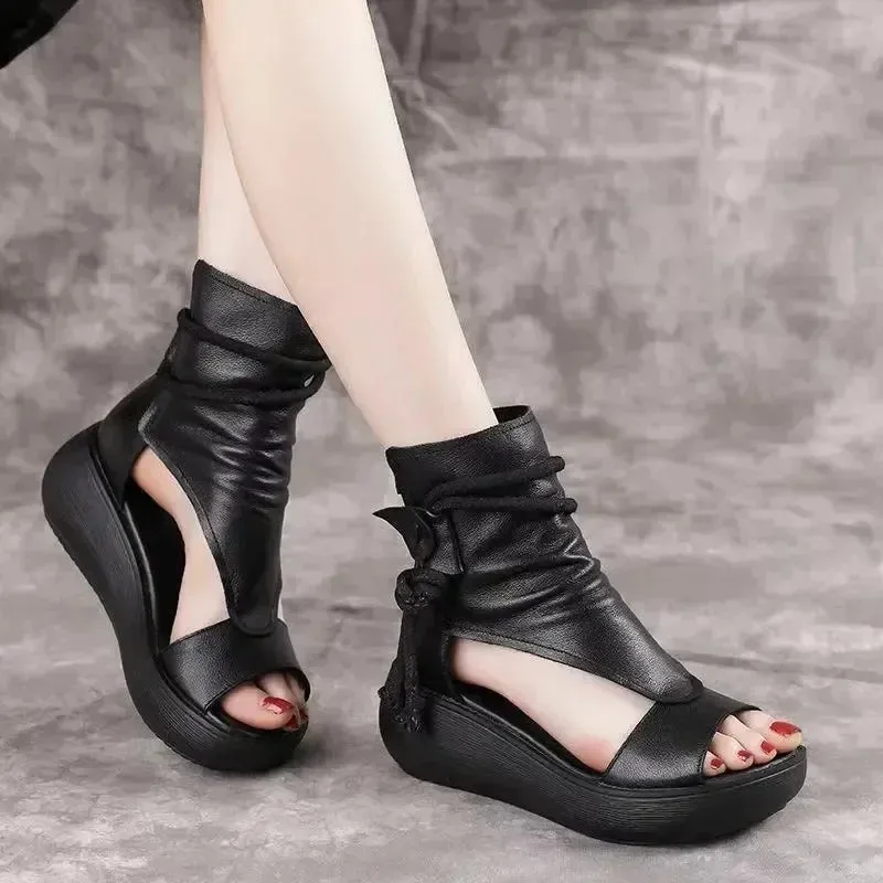 Aiertu Vintage Leather Cool Boots Mid Heels Wedges Shoes Women Ladies Strap Casual Sandalias Fashion Rear Zipper Sandals Spring Summer