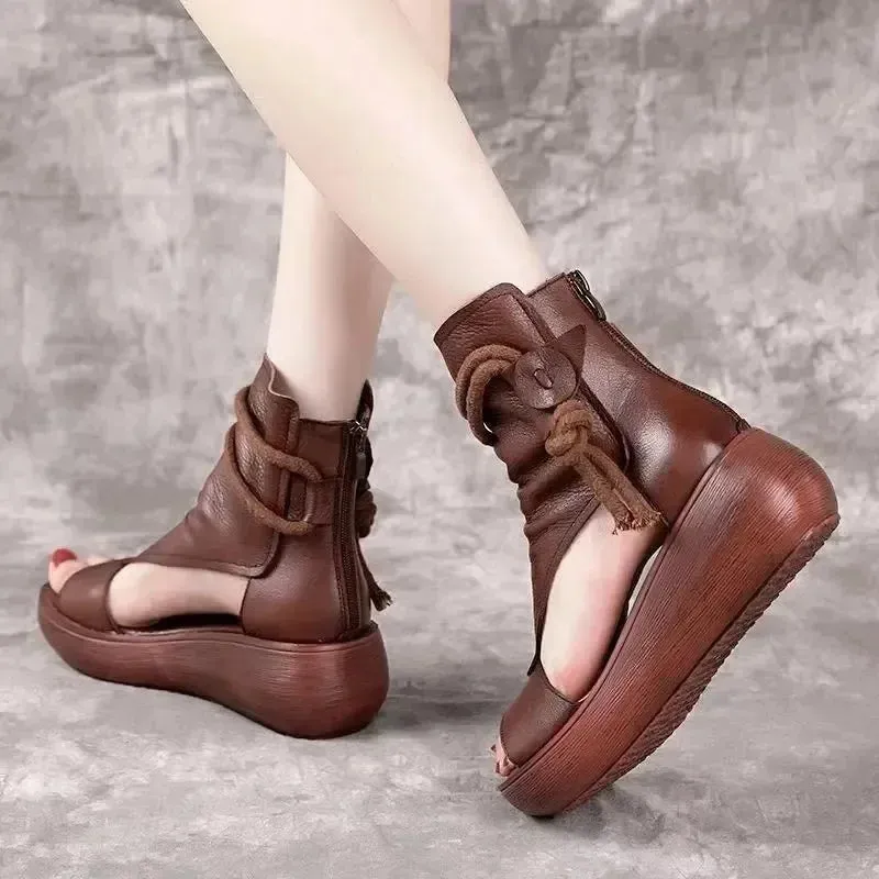 Aiertu Vintage Leather Cool Boots Mid Heels Wedges Shoes Women Ladies Strap Casual Sandalias Fashion Rear Zipper Sandals Spring Summer