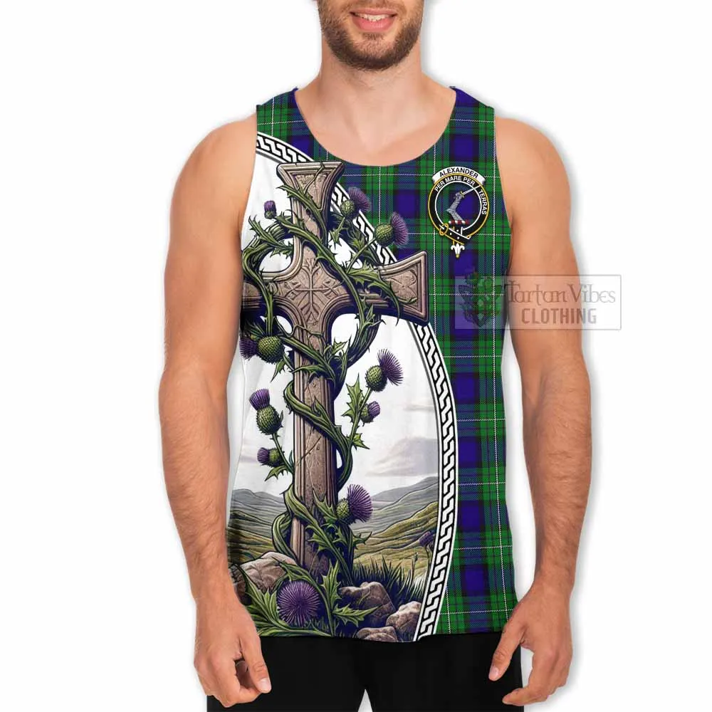 Alexander Tartan Men's Tank Top with Family Crest and St. Andrew's Cross Accented by Thistle Vines