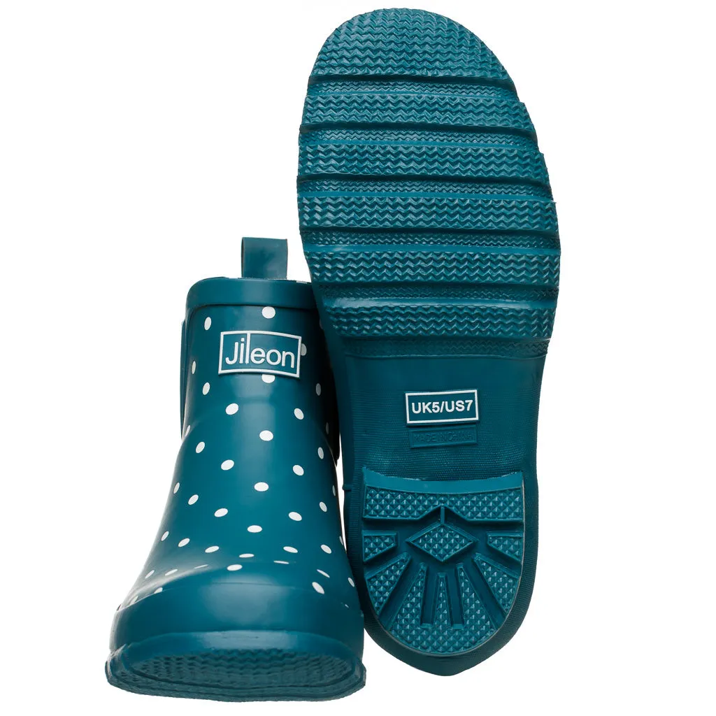 Ankle Height Rain Boots - Teal with White Spots - Wide Foot - Easy to Slip On