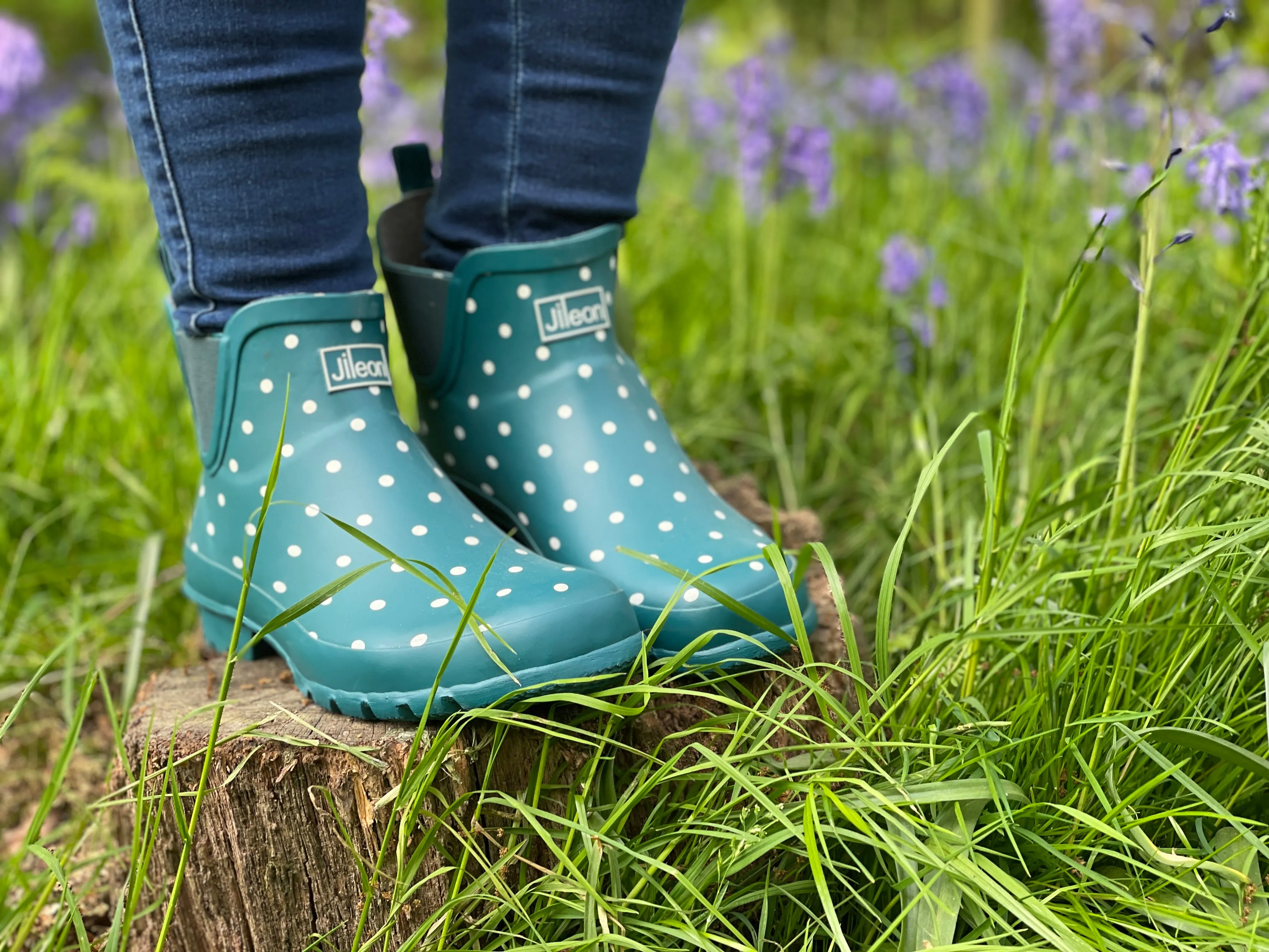 Ankle Height Rain Boots - Teal with White Spots - Wide Foot - Easy to Slip On