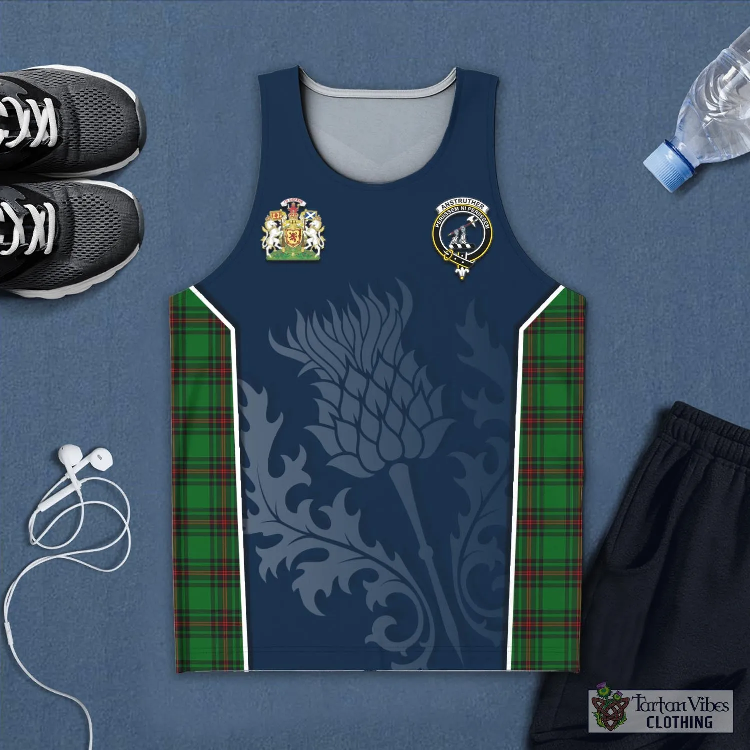 Anstruther Tartan Men's Tanks Top with Family Crest and Scottish Thistle Vibes Sport Style