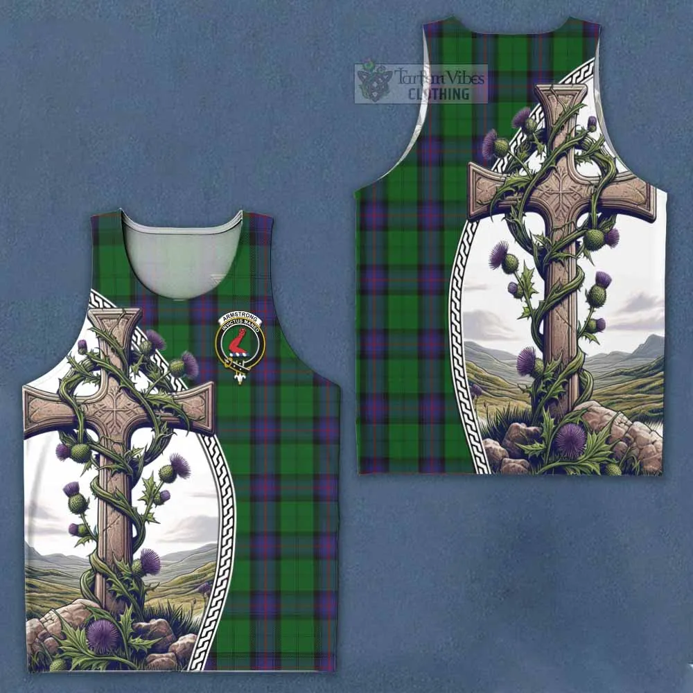 Armstrong Tartan Men's Tank Top with Family Crest and St. Andrew's Cross Accented by Thistle Vines