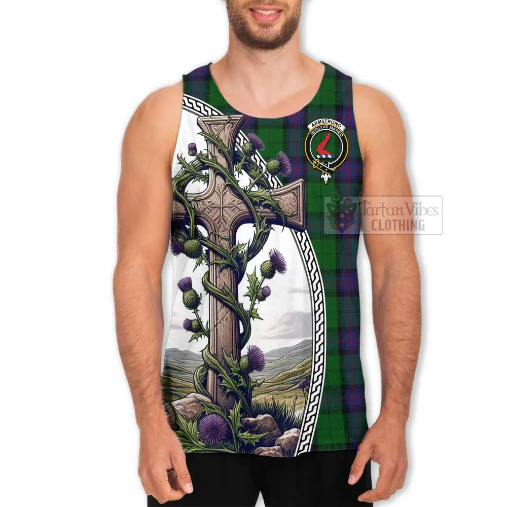 Armstrong Tartan Men's Tank Top with Family Crest and St. Andrew's Cross Accented by Thistle Vines