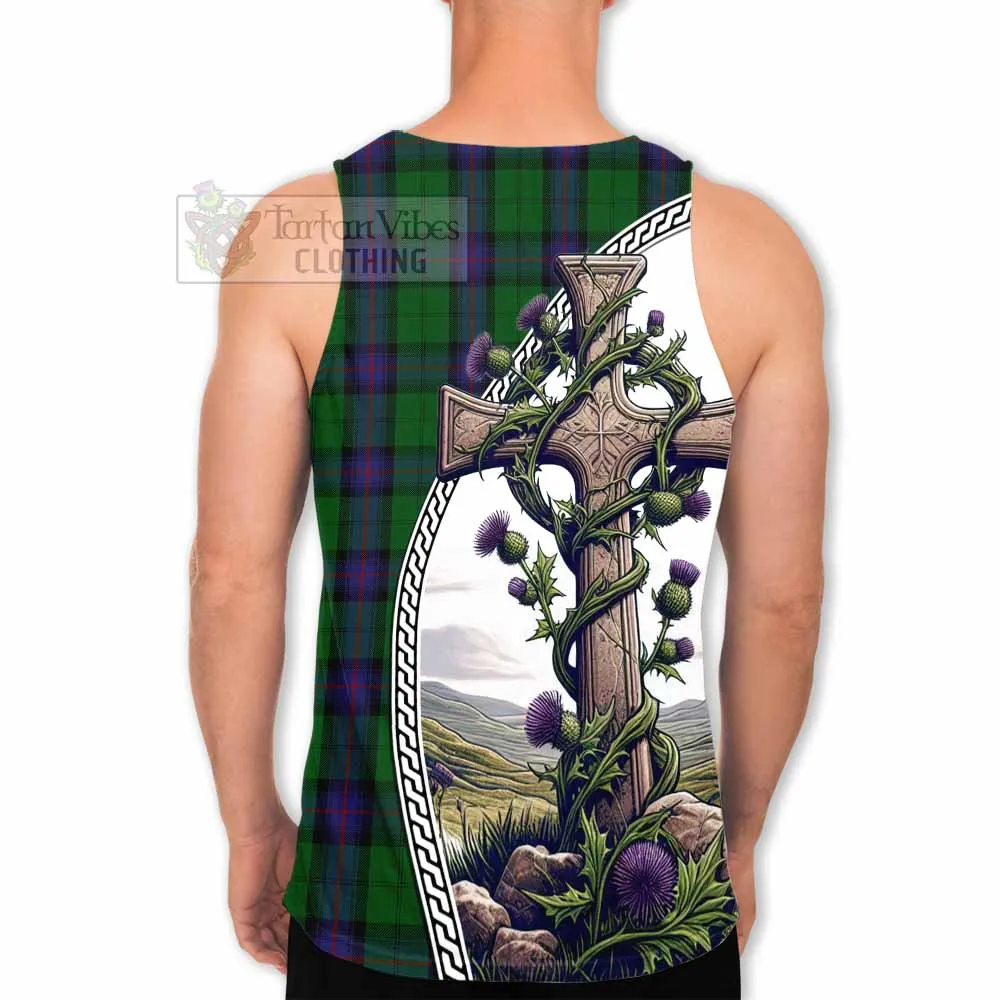 Armstrong Tartan Men's Tank Top with Family Crest and St. Andrew's Cross Accented by Thistle Vines