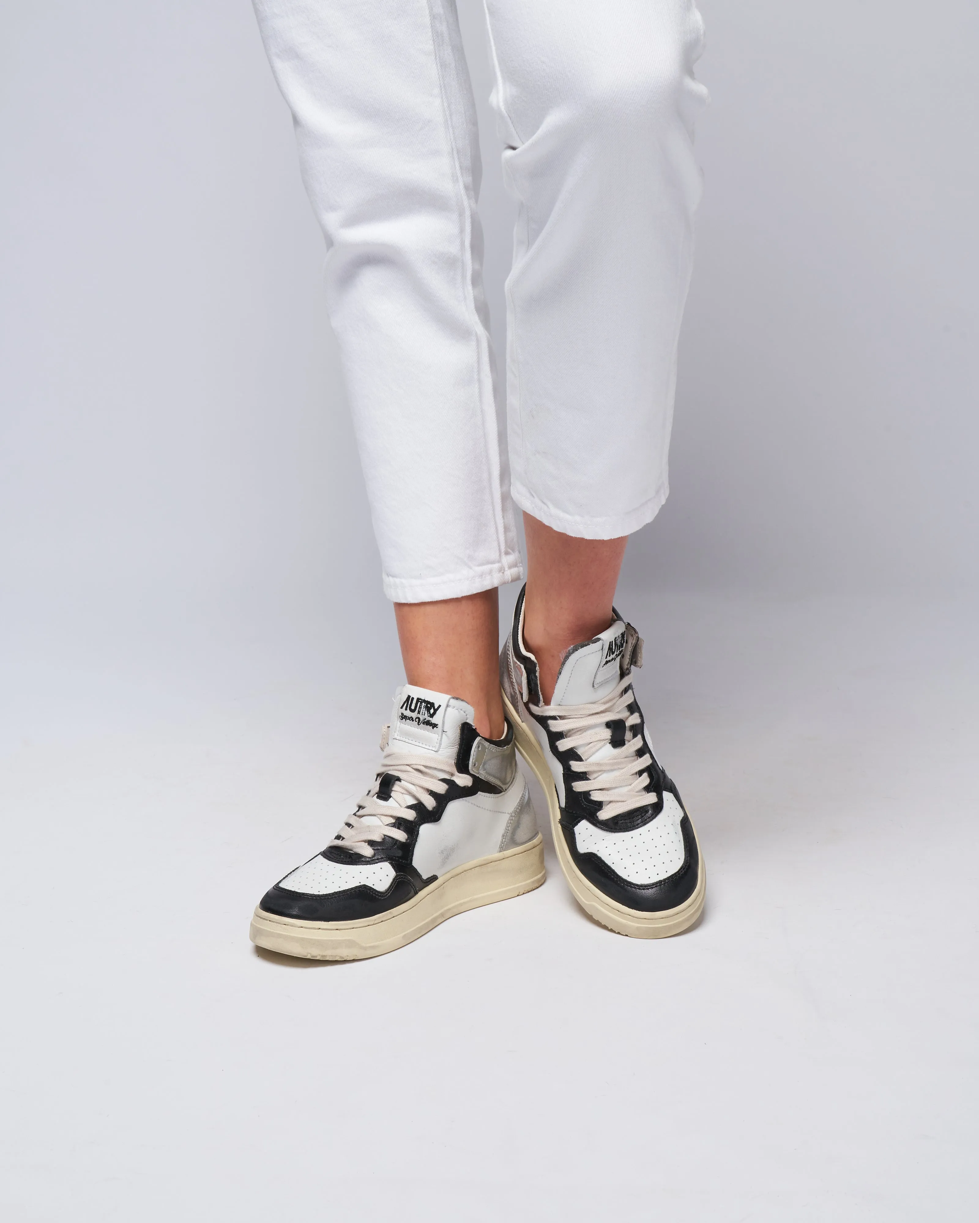 autry super vintage mid - leather white/black/silver