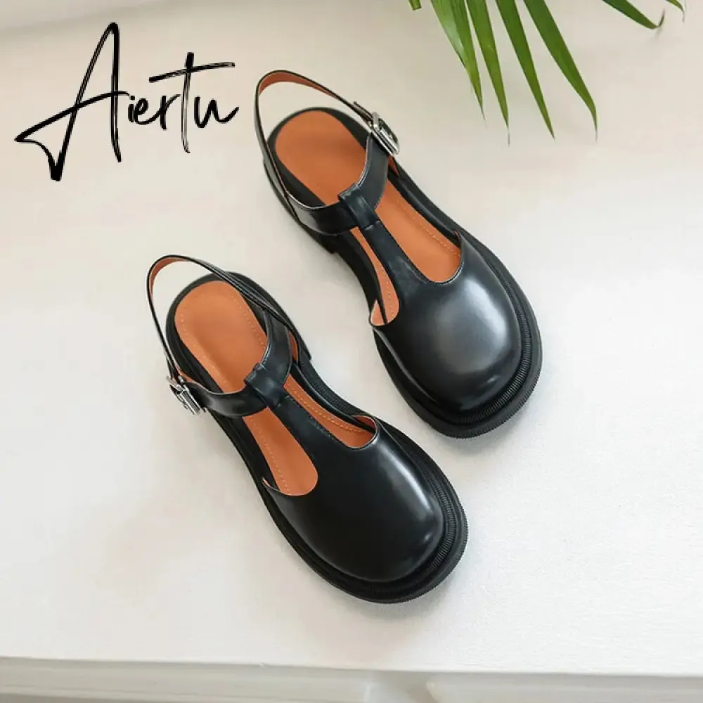 Autumn Women Shoes Round Toe Chunky Heel Women Sandals Women Mary Janes Leather Shoes Concise Shoes for Women Closed Nose