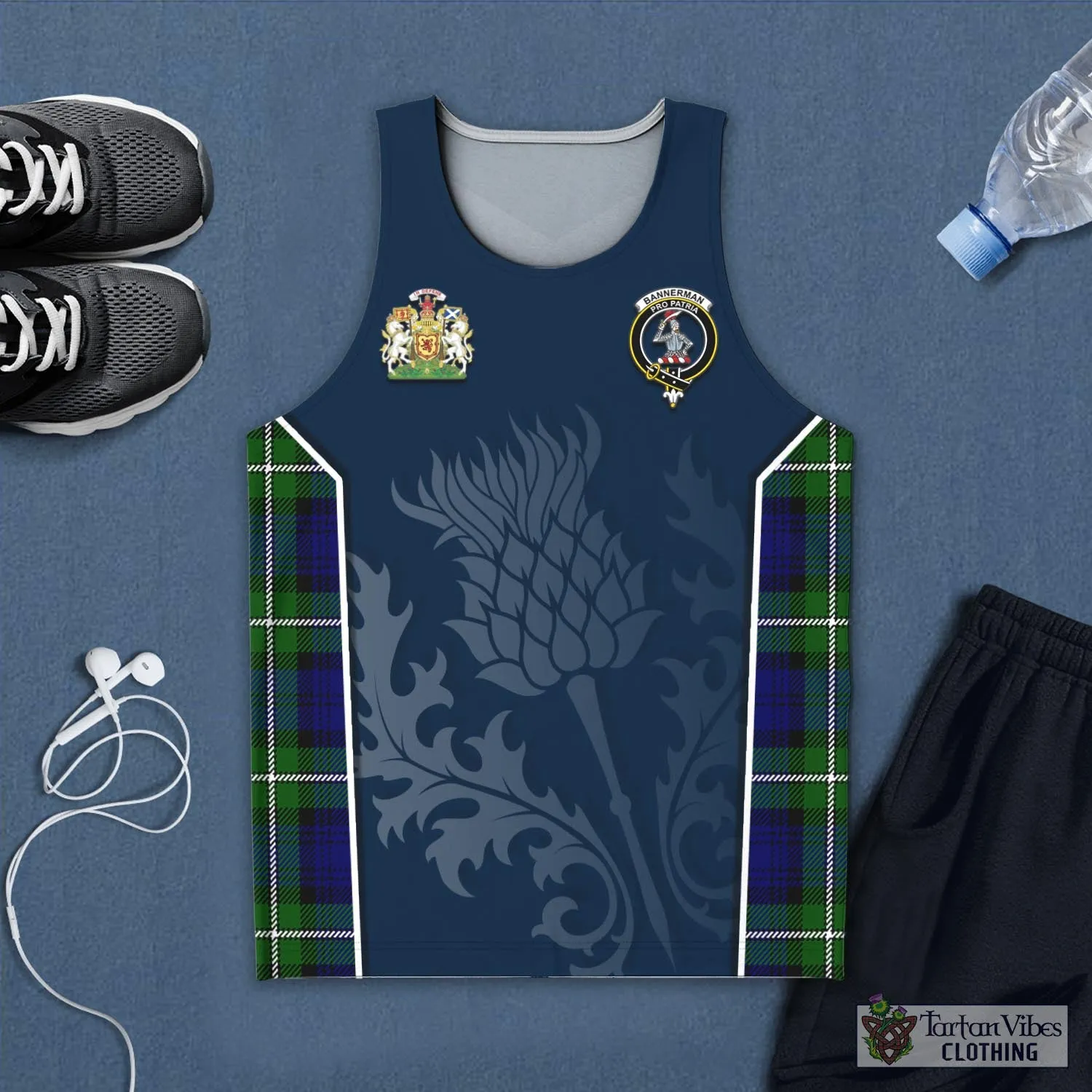 Bannerman Tartan Men's Tanks Top with Family Crest and Scottish Thistle Vibes Sport Style