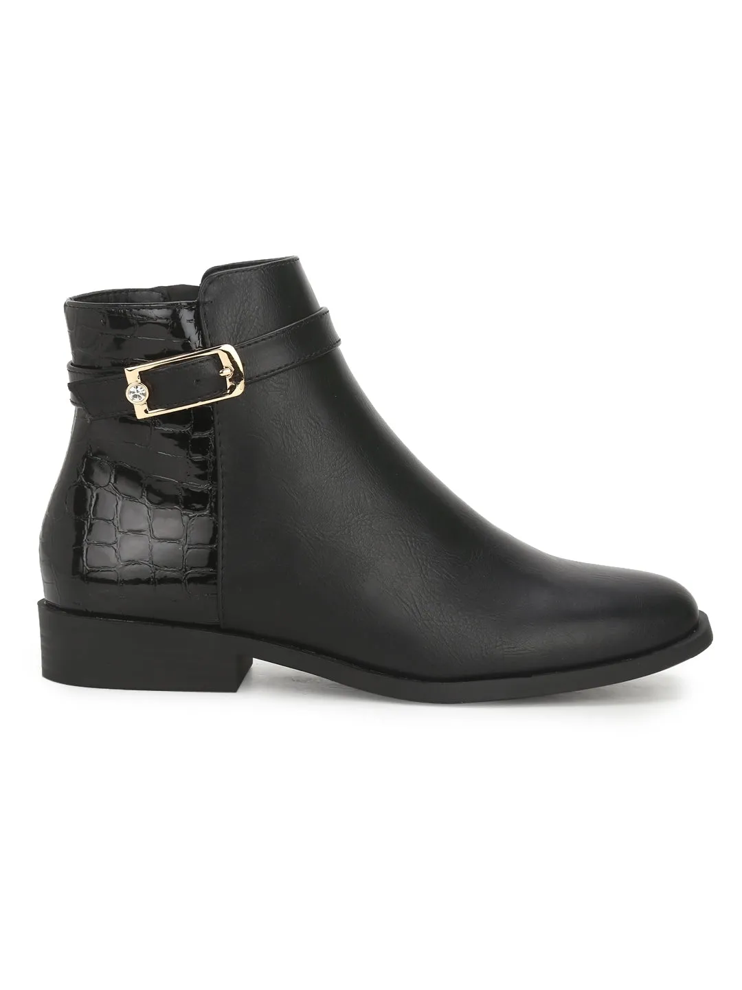 Black Croc PU Ankle Belt Slip-on Ankle Boots