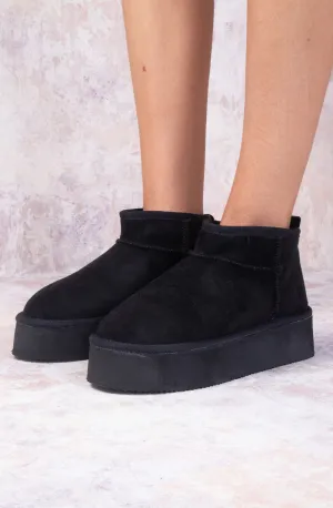 Black Faux Suede Ultra  Mini Ankle Platform Boots