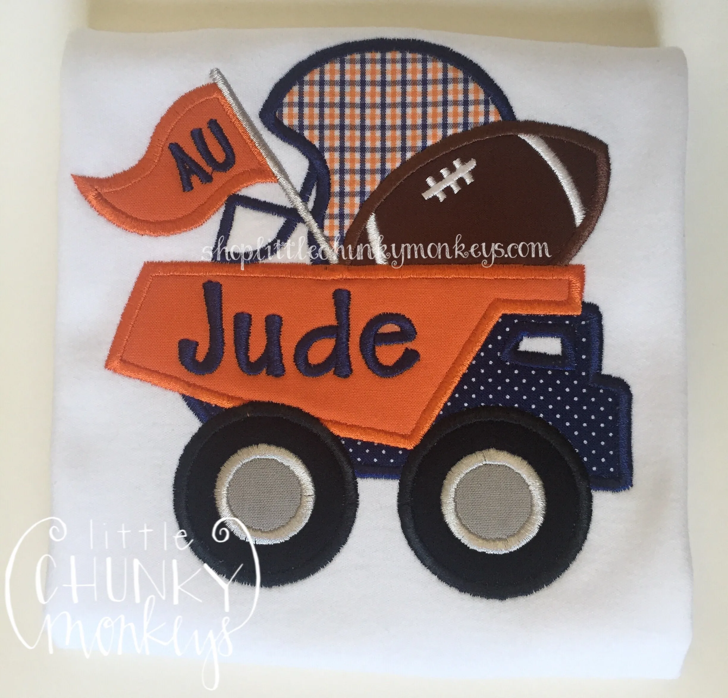 Boy Shirt - Football Dump Truck Applique - Orange & Blue