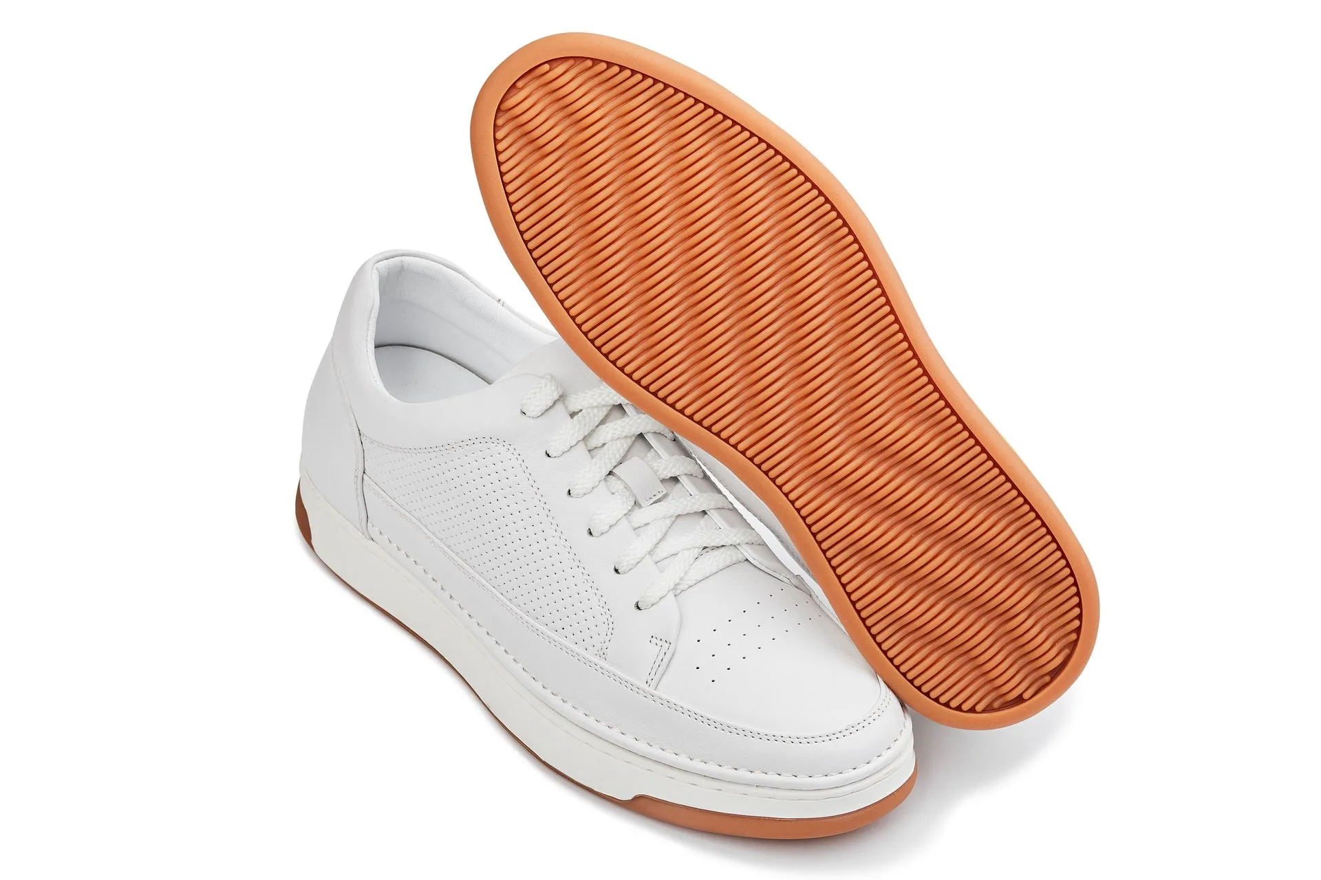 CALTO - Y7932 - 2.6 Inches Taller (White/Off-White & Gum Sole) - Elevated Micro-Perforated Leather Sneakers