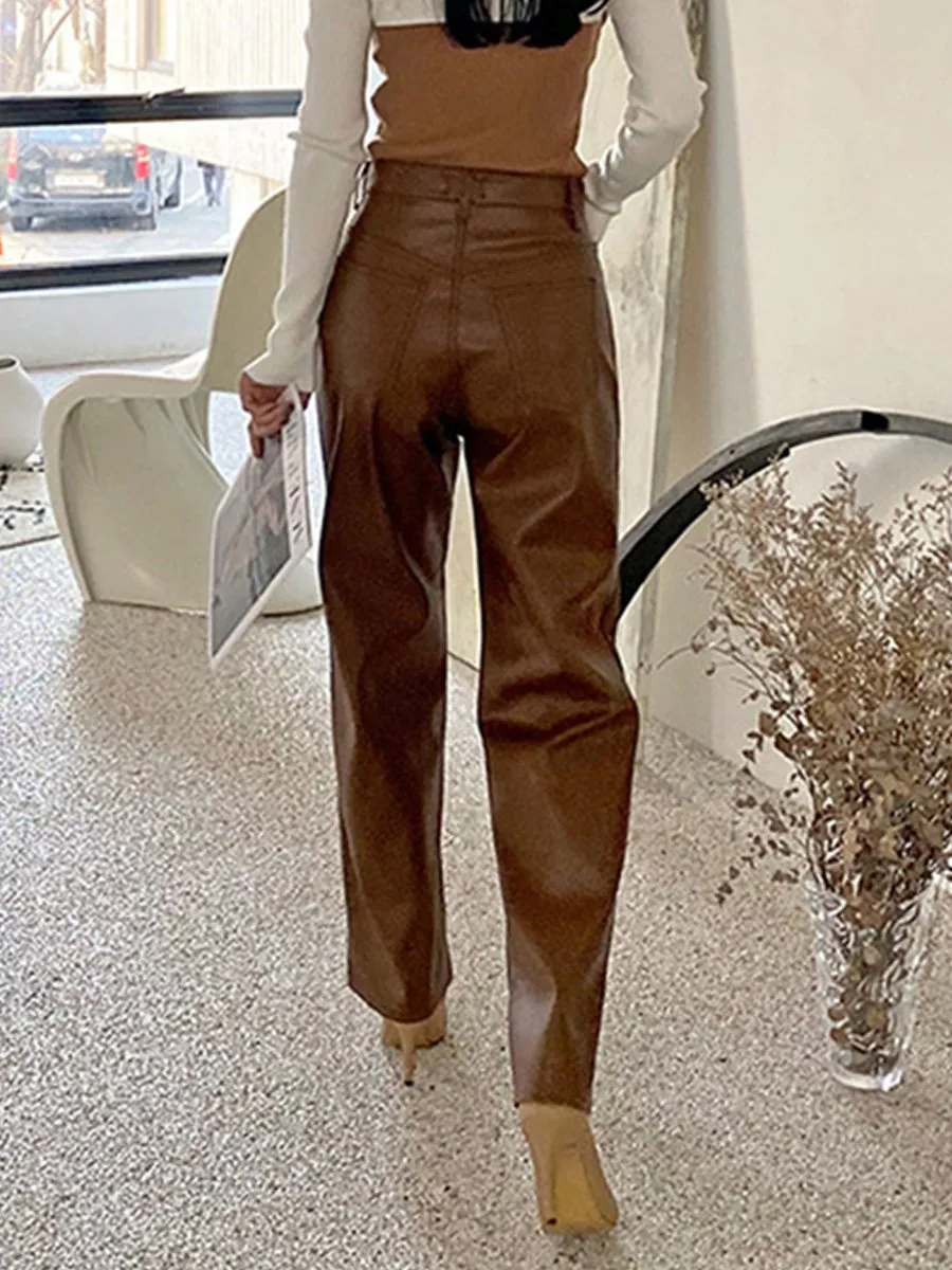 Casual Retro Drape Straight Leather Pants