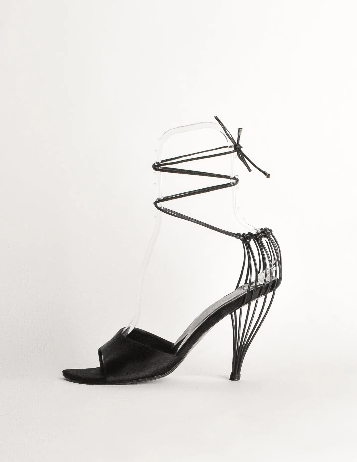 Chanel Vintage Black Satin Strappy Cage Heels