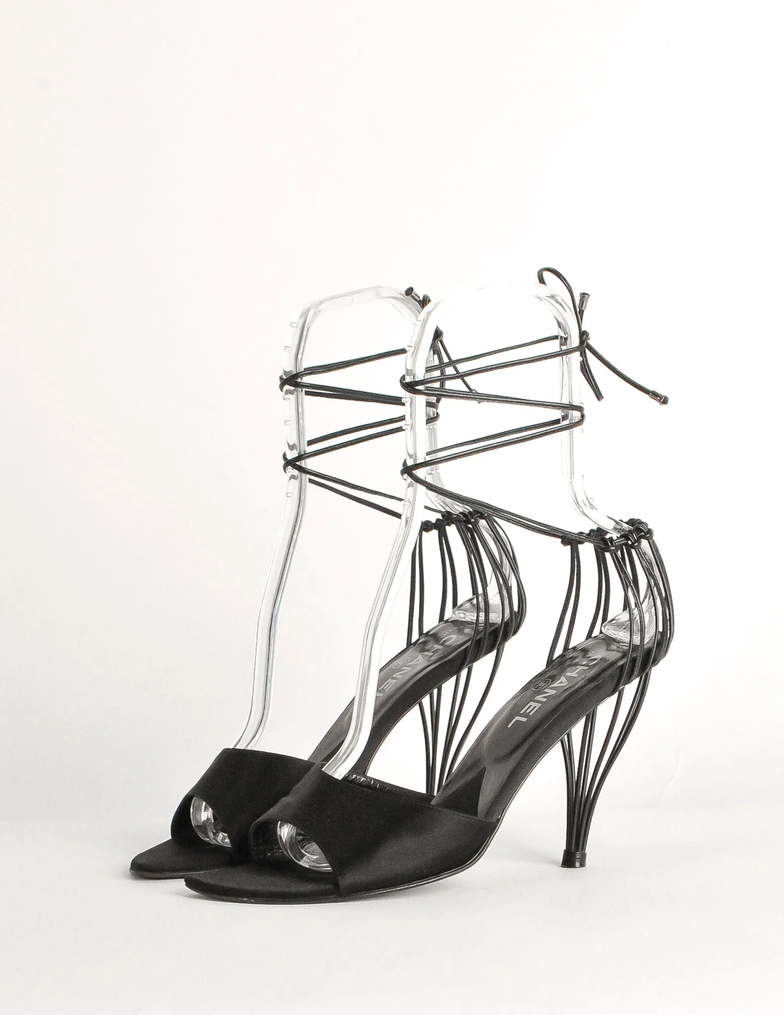 Chanel Vintage Black Satin Strappy Cage Heels