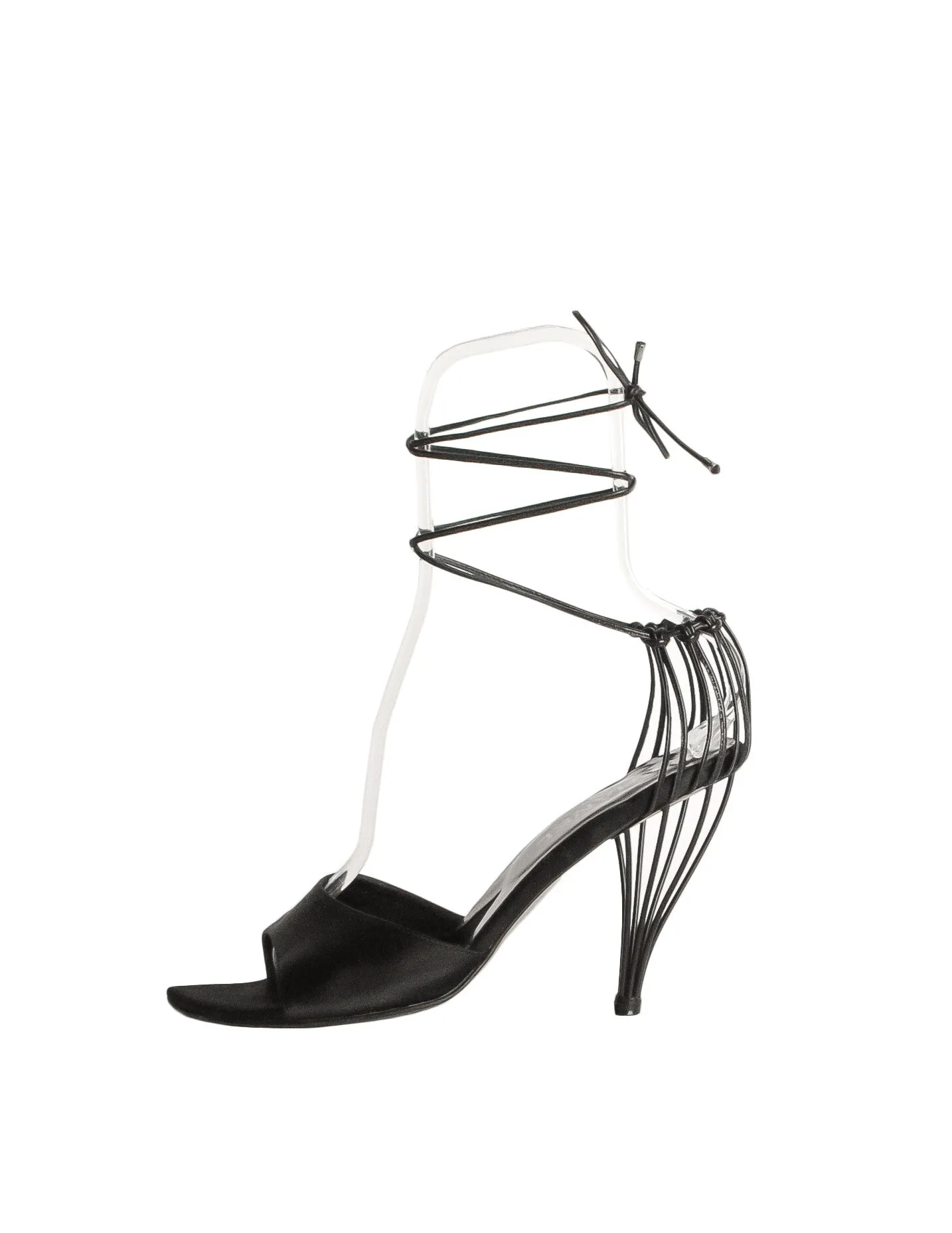 Chanel Vintage Black Satin Strappy Cage Heels