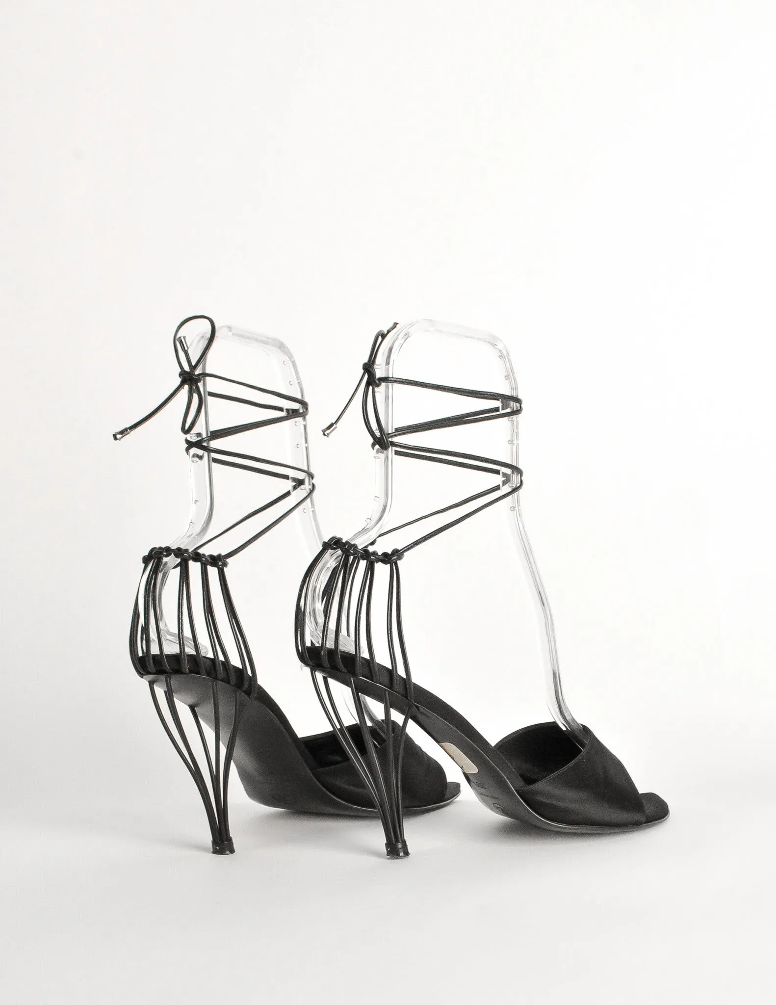 Chanel Vintage Black Satin Strappy Cage Heels