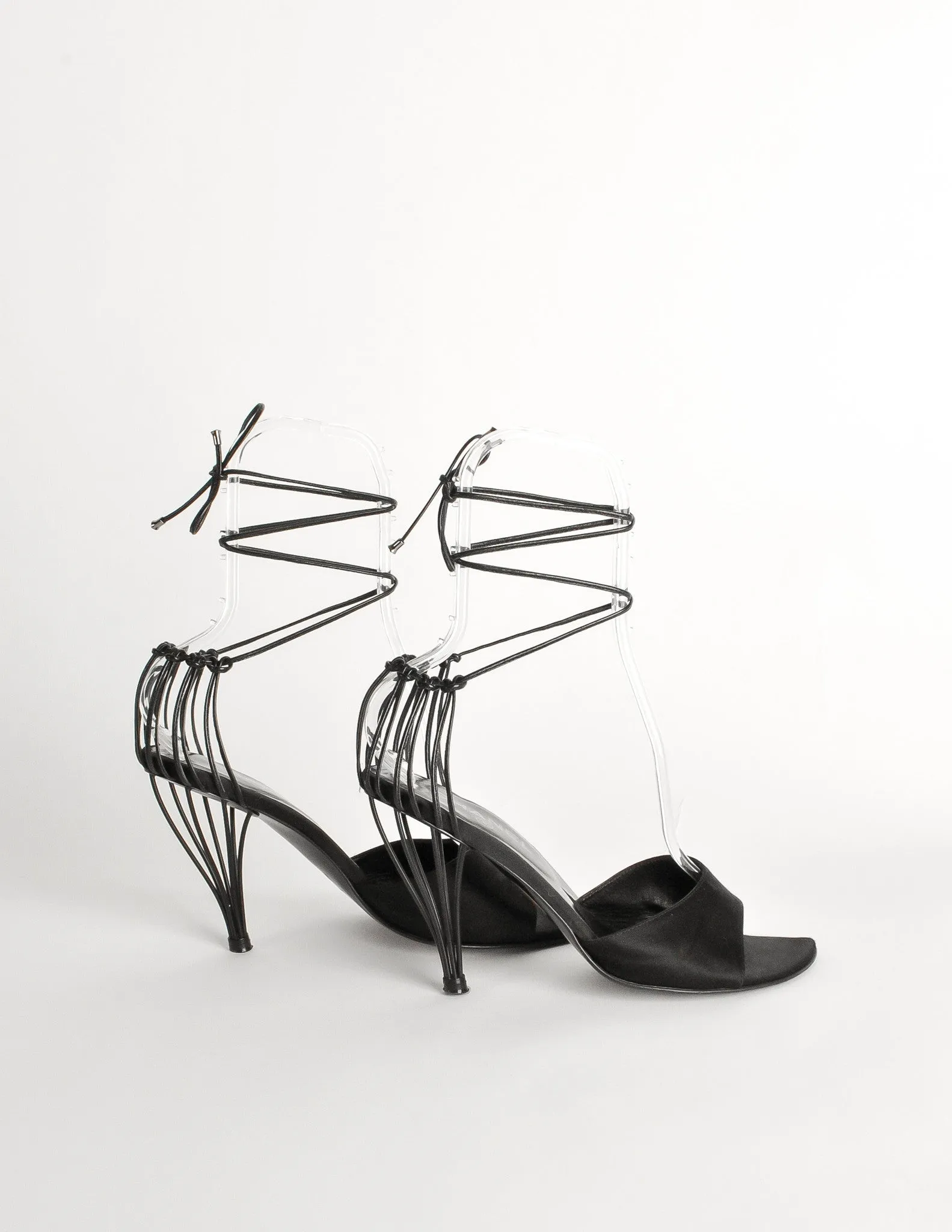 Chanel Vintage Black Satin Strappy Cage Heels