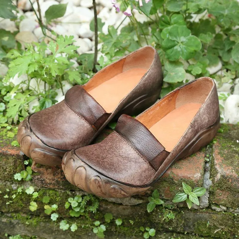 Chocolate Genuine Leather Vintage Flats  Flat Feet Shoes