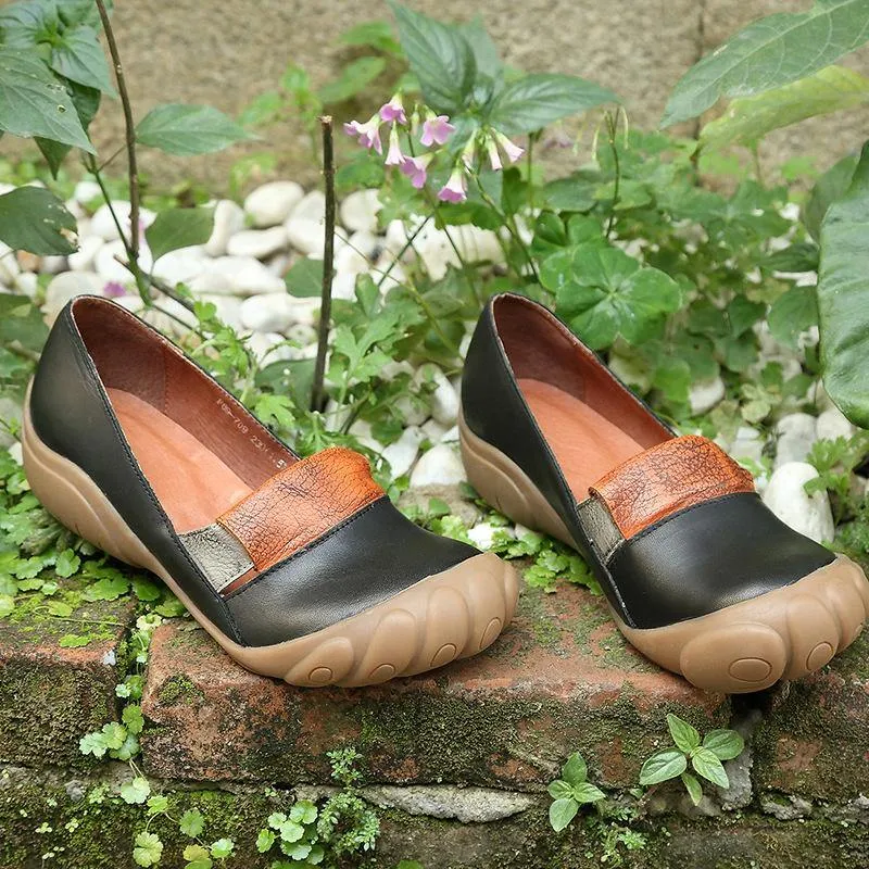 Chocolate Genuine Leather Vintage Flats  Flat Feet Shoes