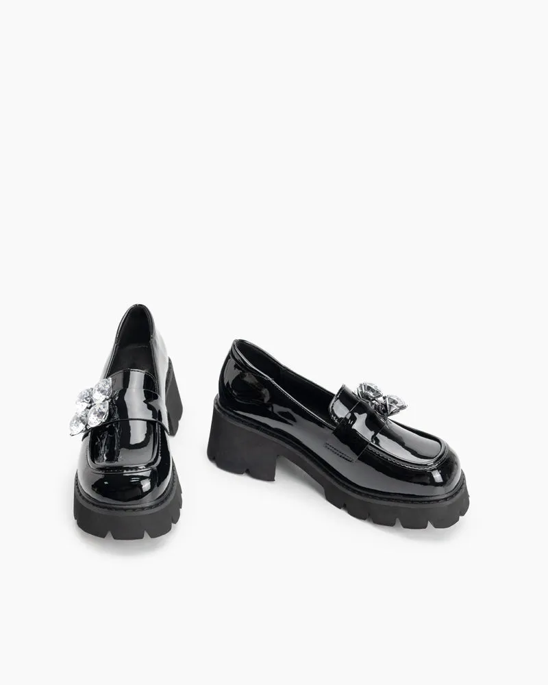 (Clean Up - US 5) Rhinestone Decor Patent Leather Platform Loafers