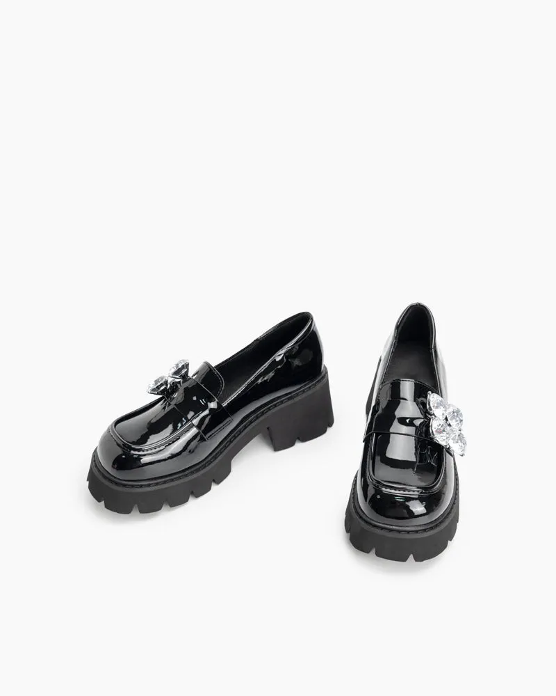 (Clean Up - US 5) Rhinestone Decor Patent Leather Platform Loafers