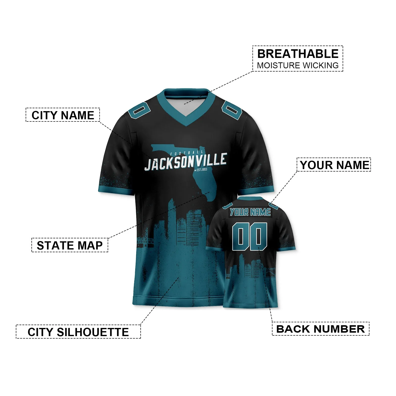 Custom Football Jersey Jacksonville Jaguars City Map Graffiti Shirt Unisex Personalized Name and Number for Men Women Youth Football Fans Gift