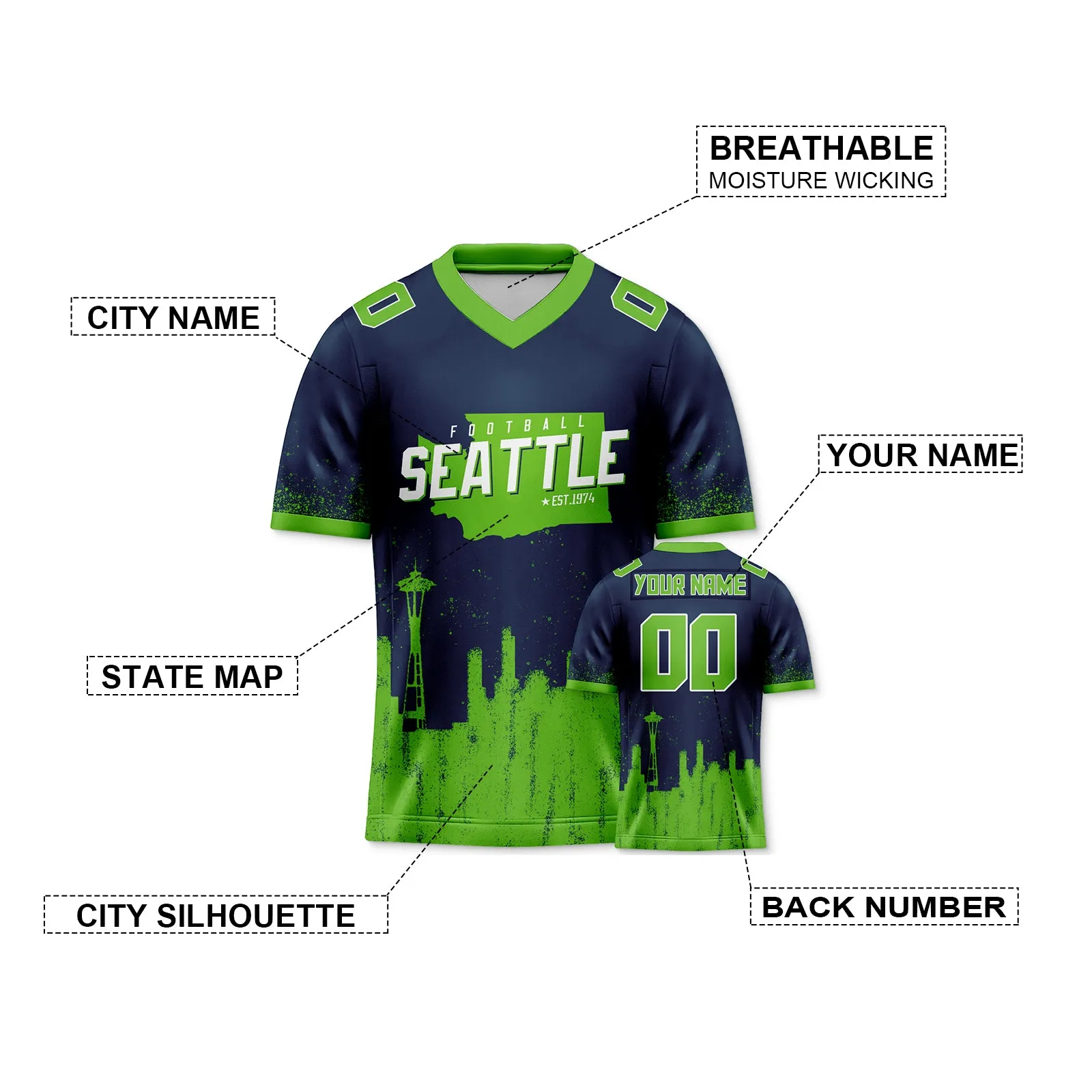 Custom Football Jersey Seattle Seahawks City Map Graffiti Shirt Unisex Personalized Name and Number for Men Women Youth Football Fans Gift