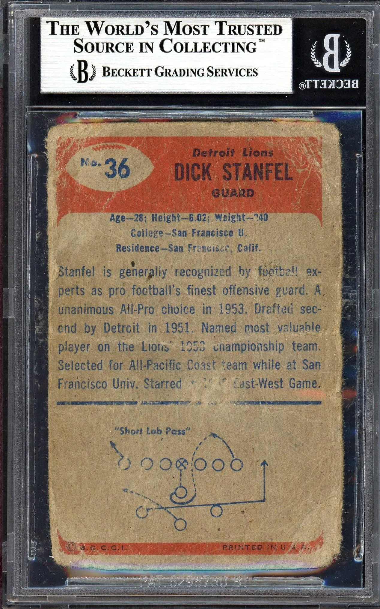 Dick Stanfel Autographed 1955 Bowman Rookie Card #36 Detroit Lions (Off-Condition) Beckett BAS #13610039