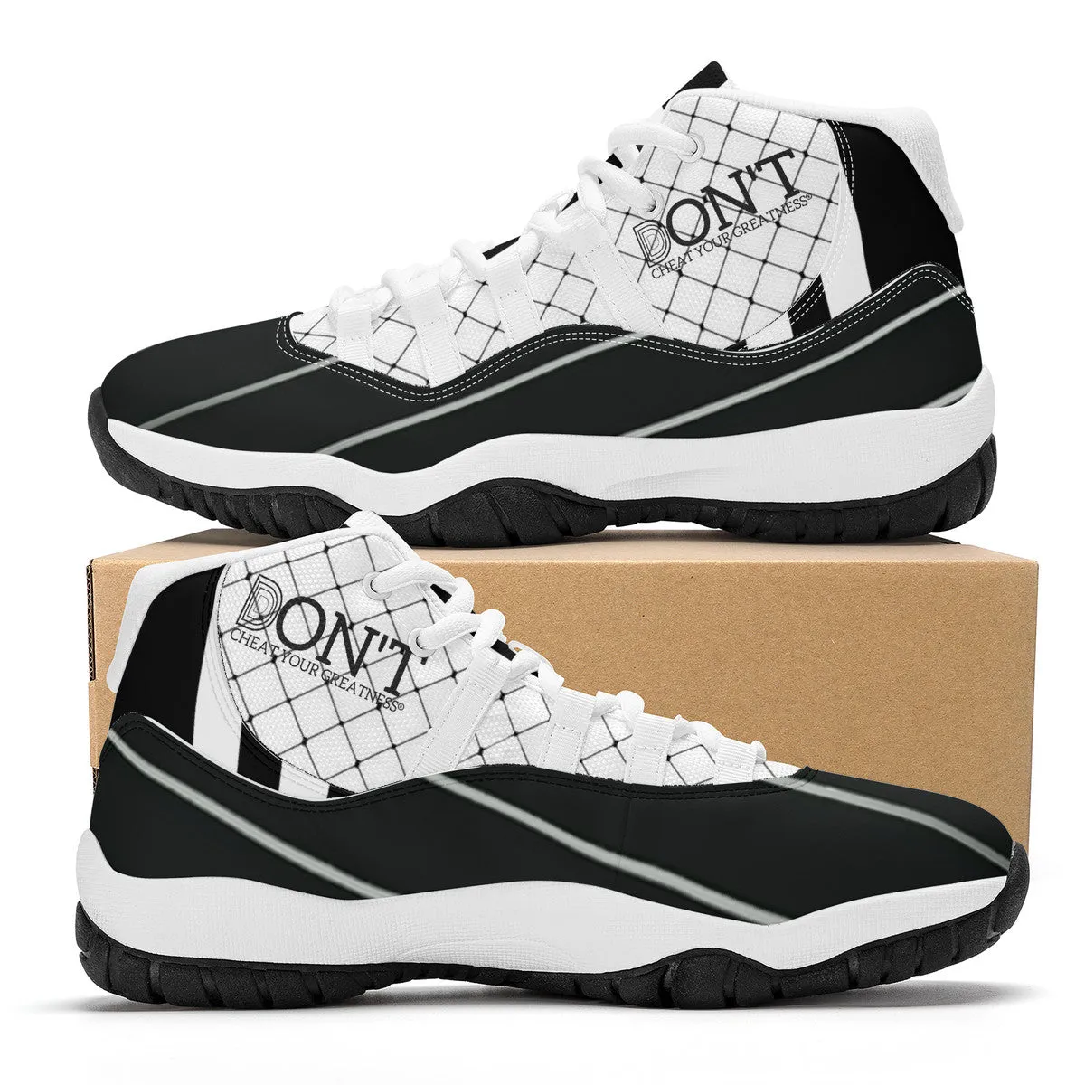 DON'T DX4 White Logo, Black ,White Stripes & Black  High Top Air Retro Sneakers - White